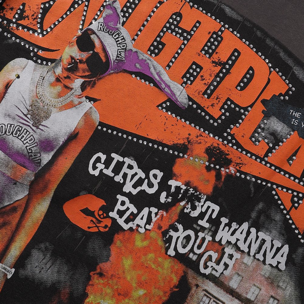 Rough Play Bunny Car Rhinestone Distressed T-Shirt