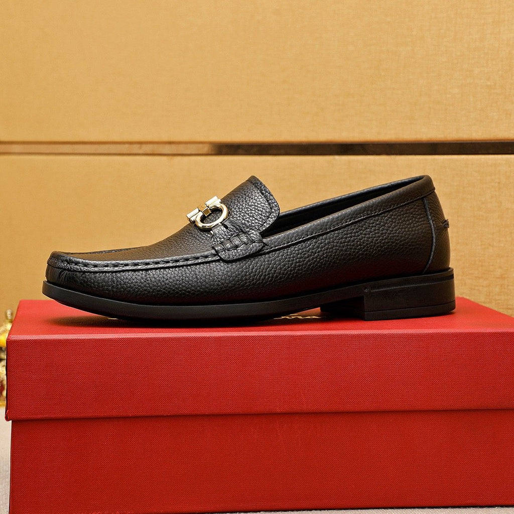 Ferragamo Black Textured Leather Loafers - Gold-Tone Hardware