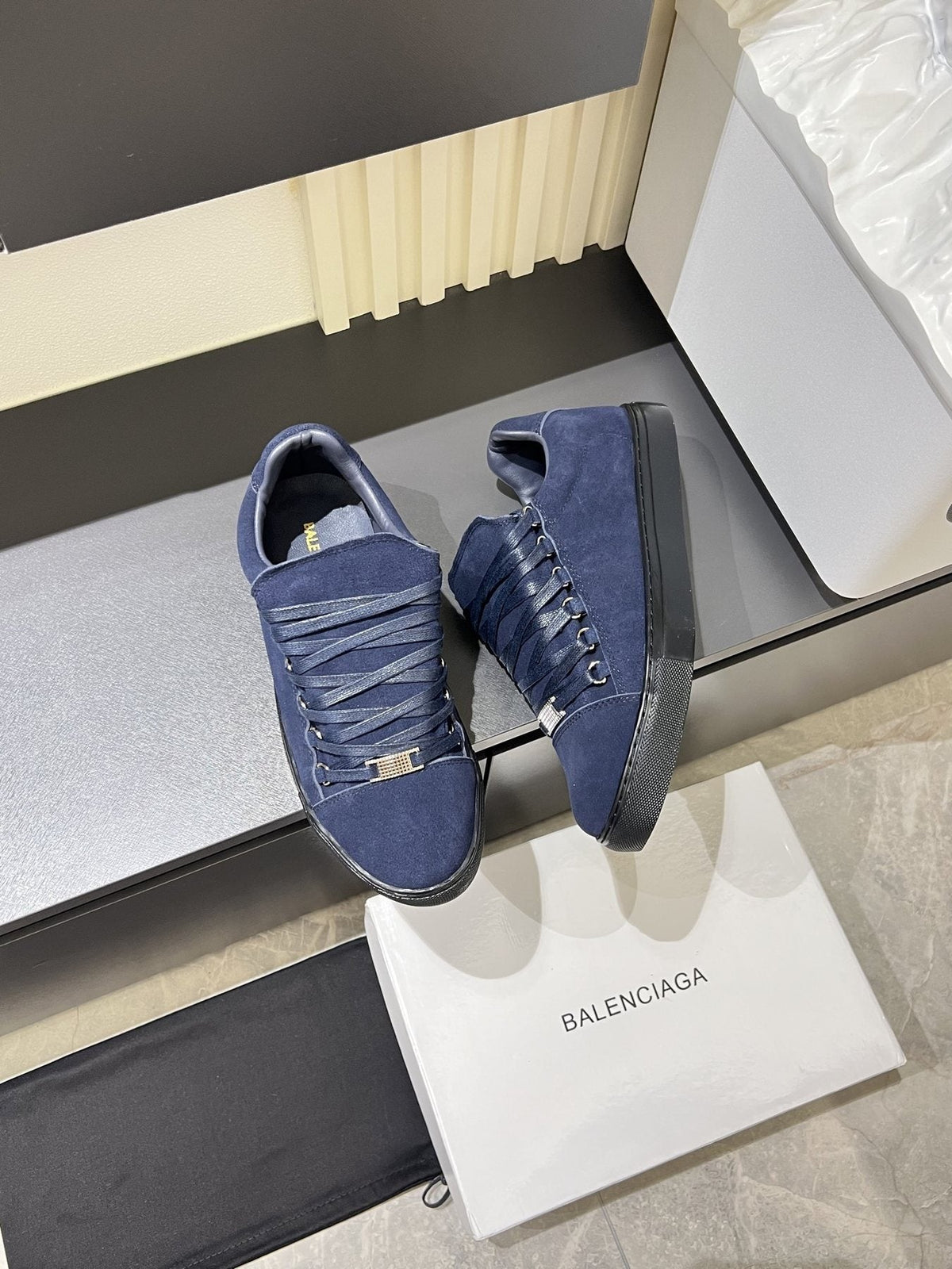 Balenciaga Navy Blue Textured Low-Top Sneakers